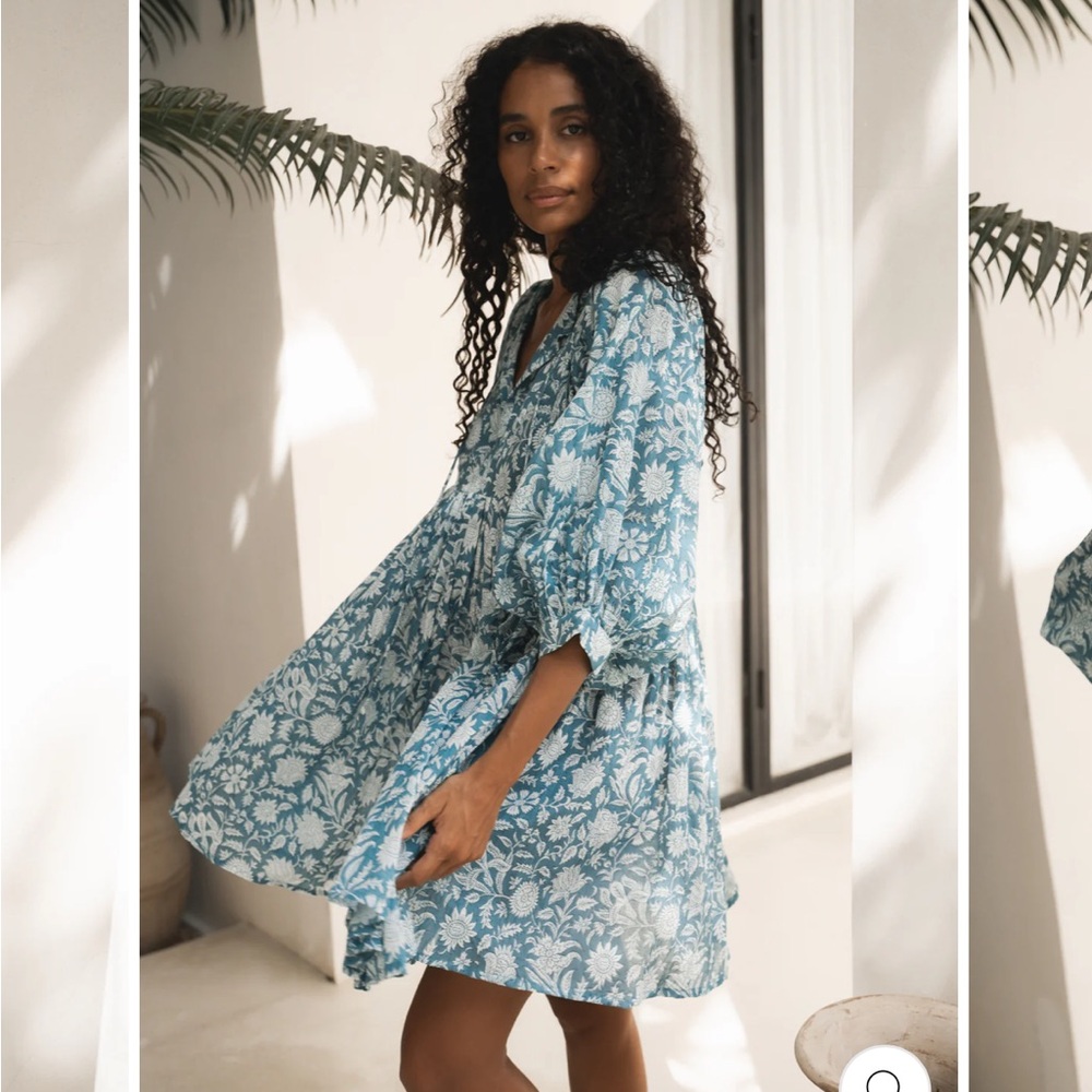Daughters of India Teal Floral Tiered Mini Dress